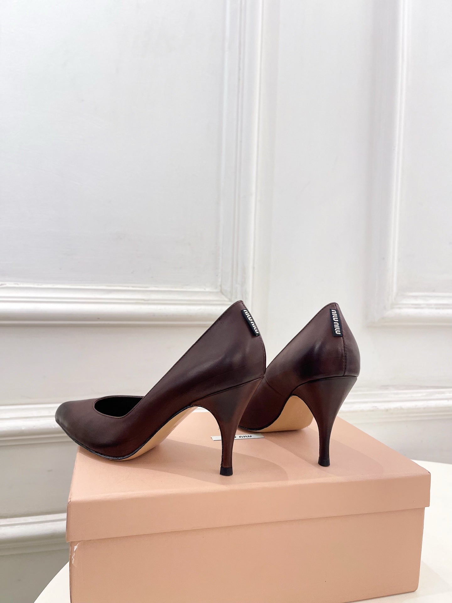 MIUMIU 26S POINTED TOE HIGH HEELS 85MM IN CHOCOLATE BROWN CALFSKIN