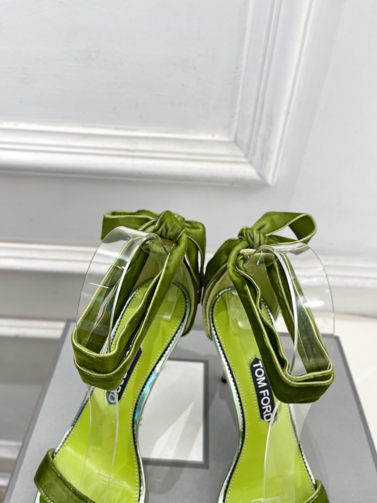 TOM FORD 26S HIGH-HEELED SANDALS 105 MM IN GREEN FABRIC AND CALFSKIN