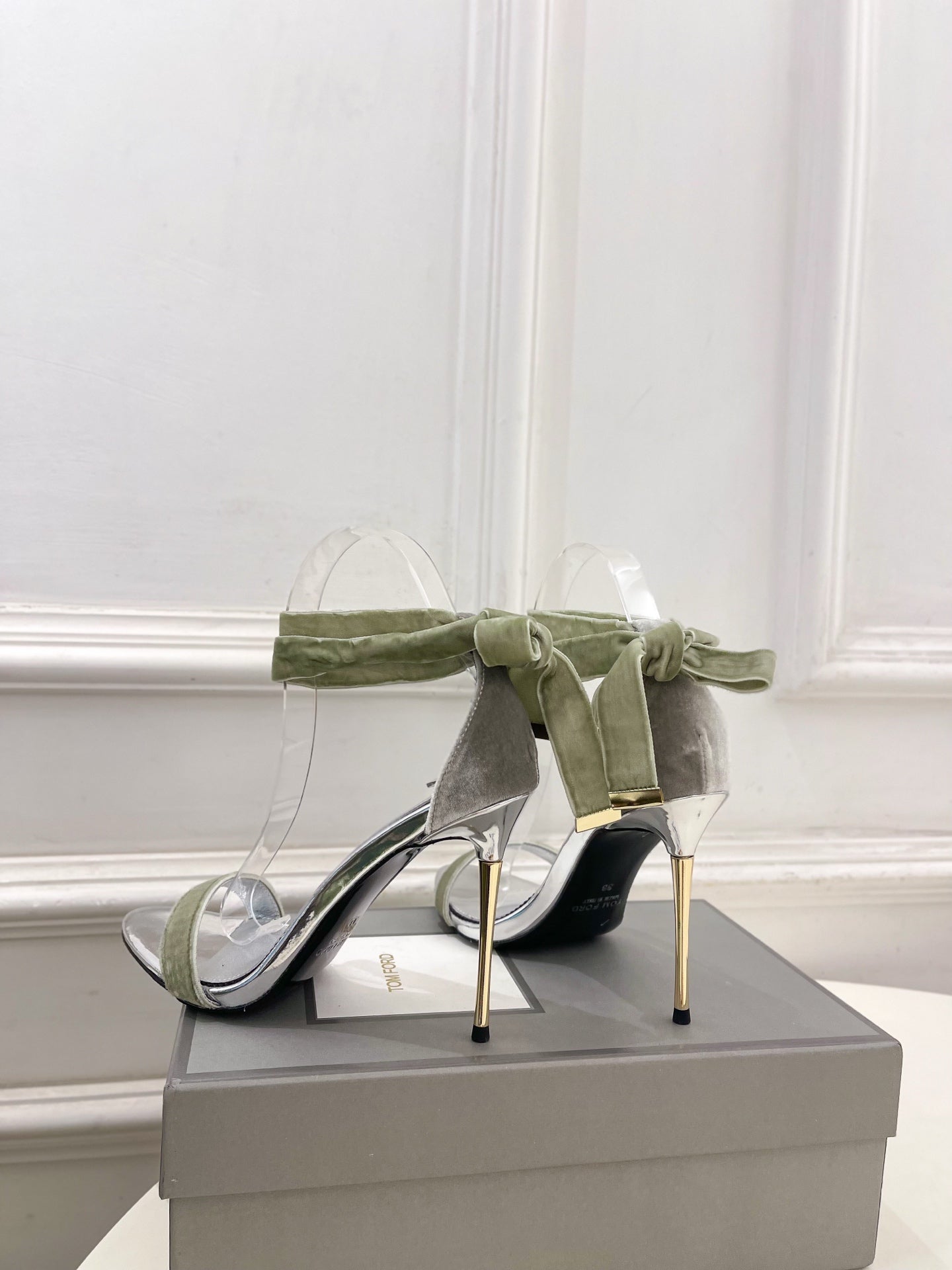 TOM FORD 26S HIGH-HEELED SANDALS 105 MM IN LIGHT GREEN FABRIC AND SILVER CALFSKIN