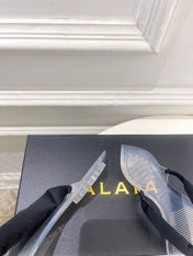 ALAIA 26S THONG SANDALS IN BLACK SATIN AND TRANSPARENT PVC