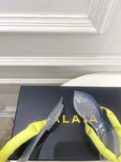 ALAIA 26S THONG SANDALS IN LIGHT YELLOW SATIN AND TRANSPARENT PVC