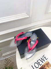 ALAIA 26S THONG SANDALS IN DARK PINK SATIN AND TRANSPARENT PVC