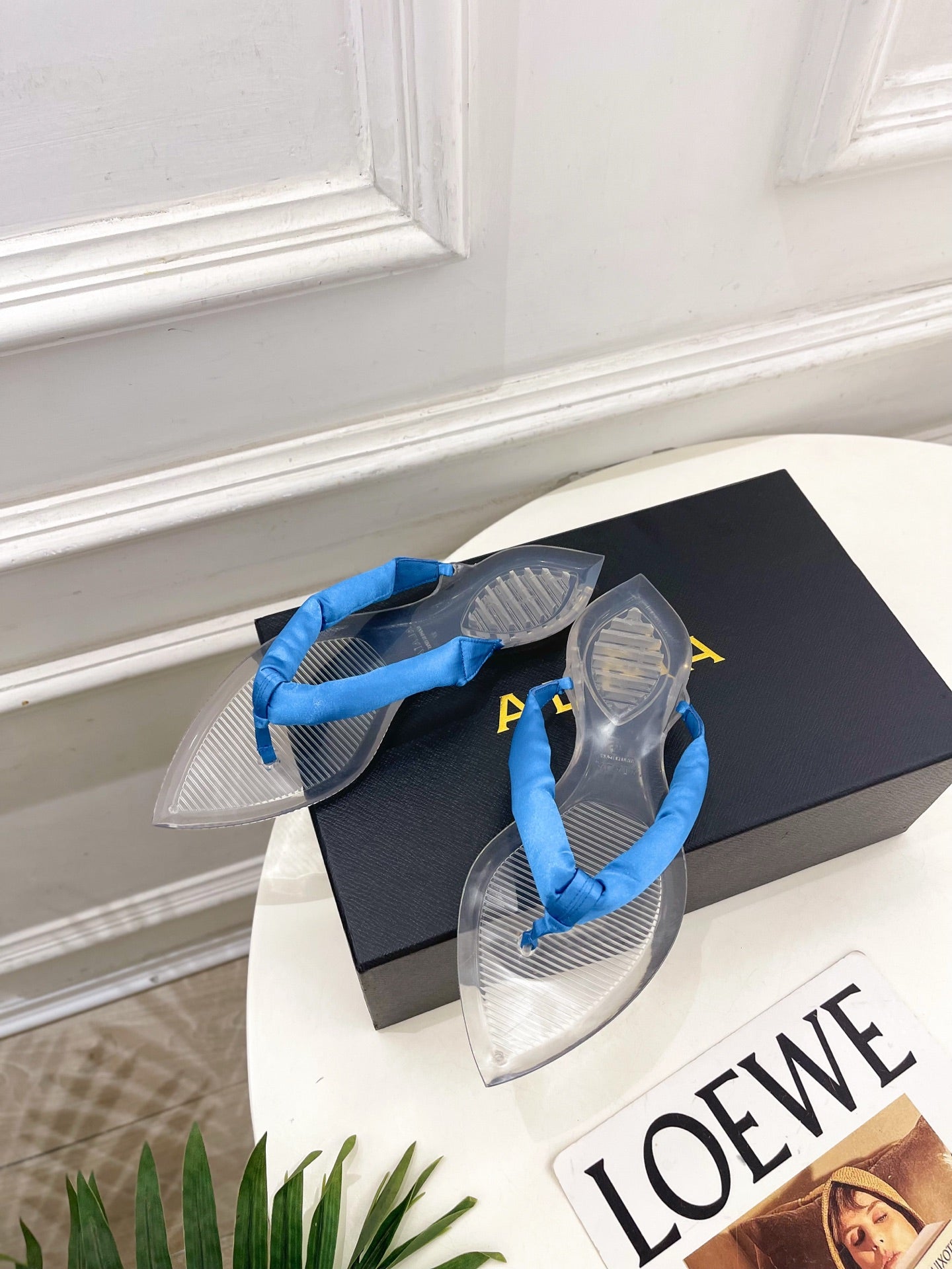 ALAIA 26S THONG SANDALS IN BLUE SATIN AND TRANSPARENT PVC
