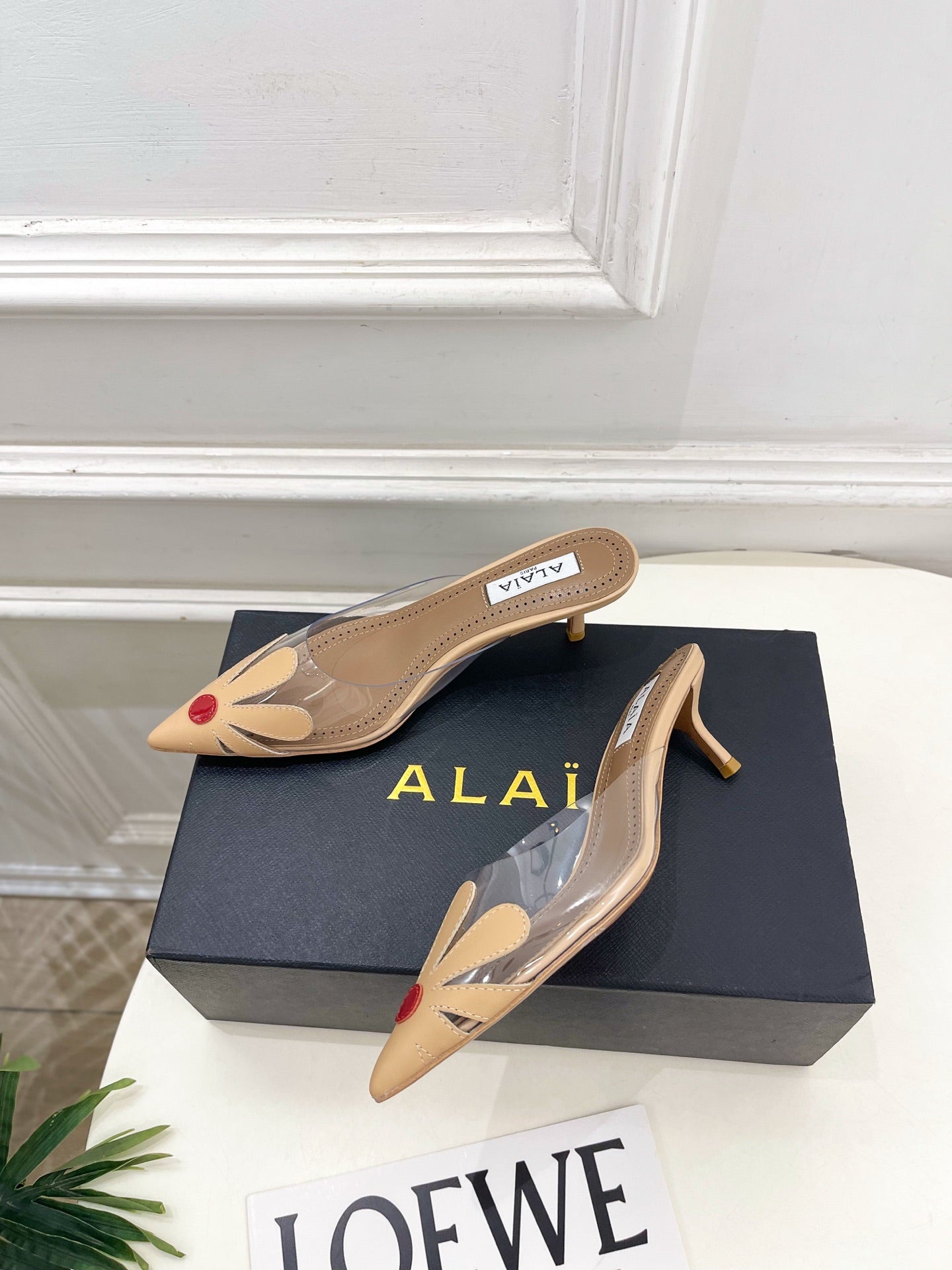 ALAIA 26S MULE HEELS 55 MM IN BEIGE LAMBSKIN AND TRANSPARENT PVC