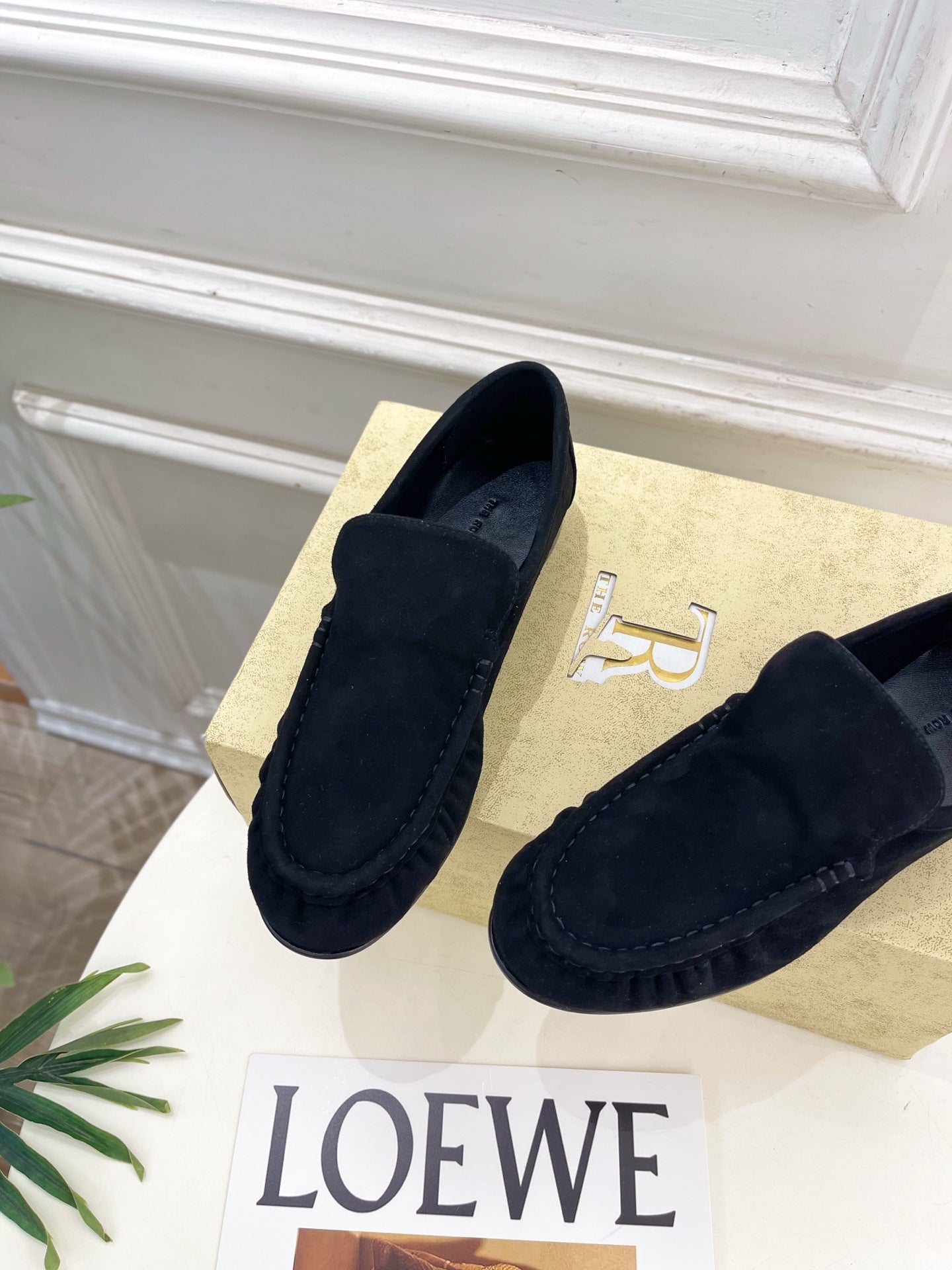 THE ROW 26S MOCCASIN LOAFERS 20MM IN BLACK SUEDE
