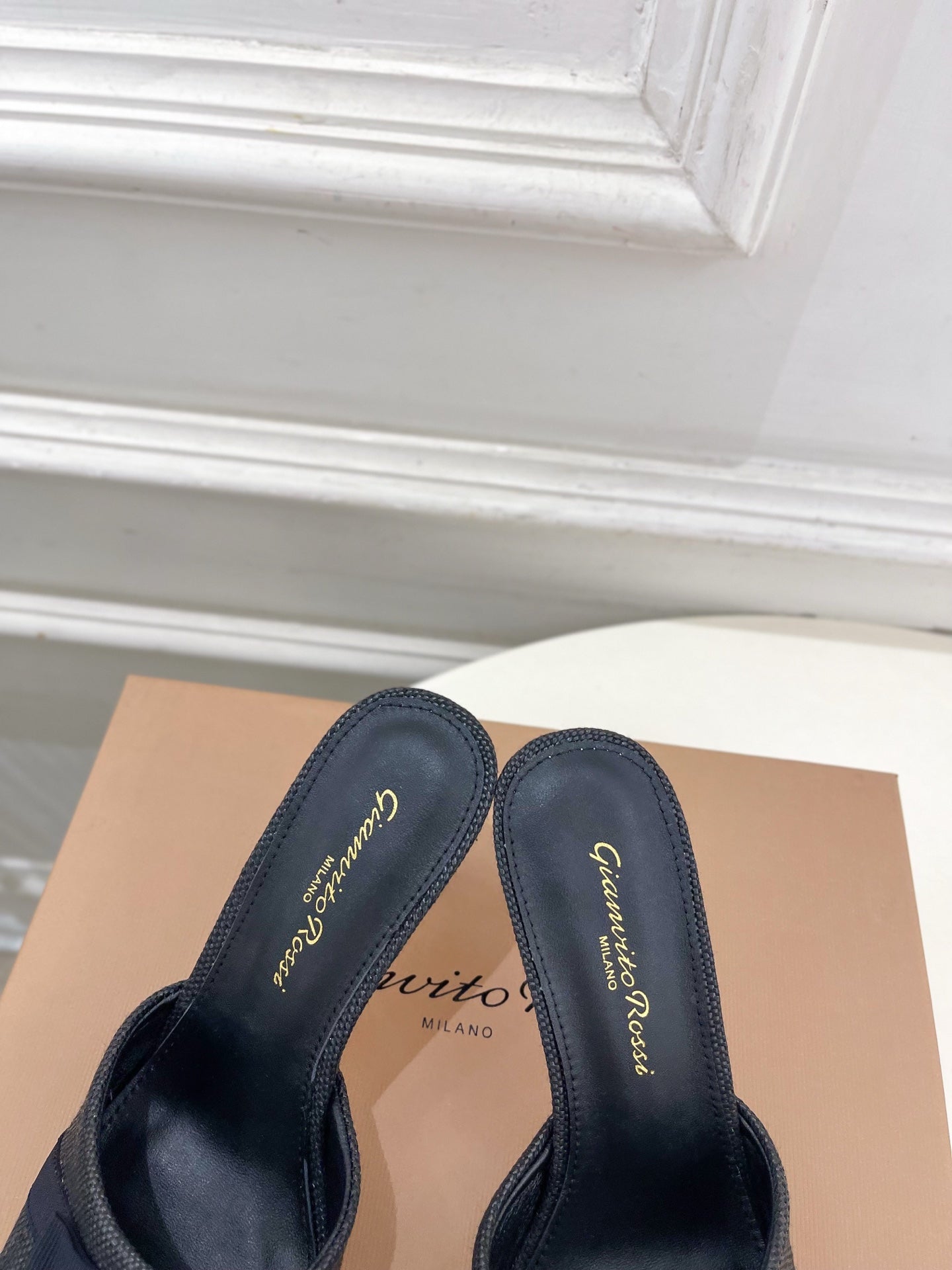 GIANVITO ROSSI 26S HIGH-HEEL SANDALS 80 MM IN BLACK WOVEN FABRIC