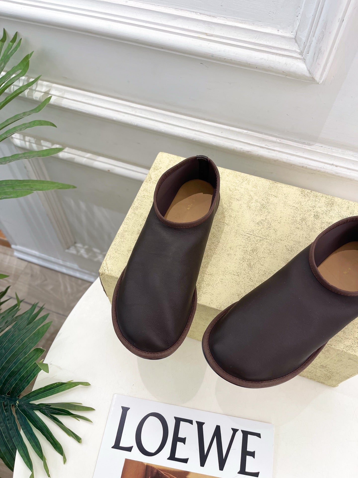 THE ROW 26S SLIP-ON FLATS IN DARK BROWN NAPPA CALFSKIN