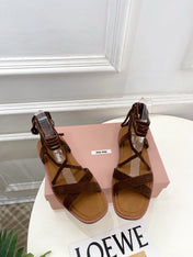 MIUMIU 26S LACE-UP SANDALS IN DARK BROWN SUEDE