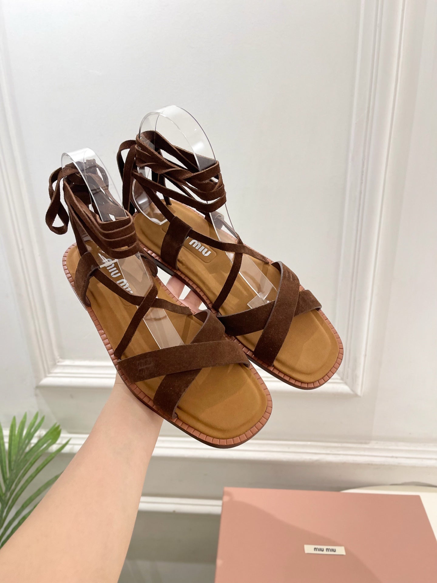 MIUMIU 26S LACE-UP SANDALS IN DARK BROWN SUEDE