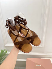 MIUMIU 26S LACE-UP SANDALS IN DARK BROWN SUEDE