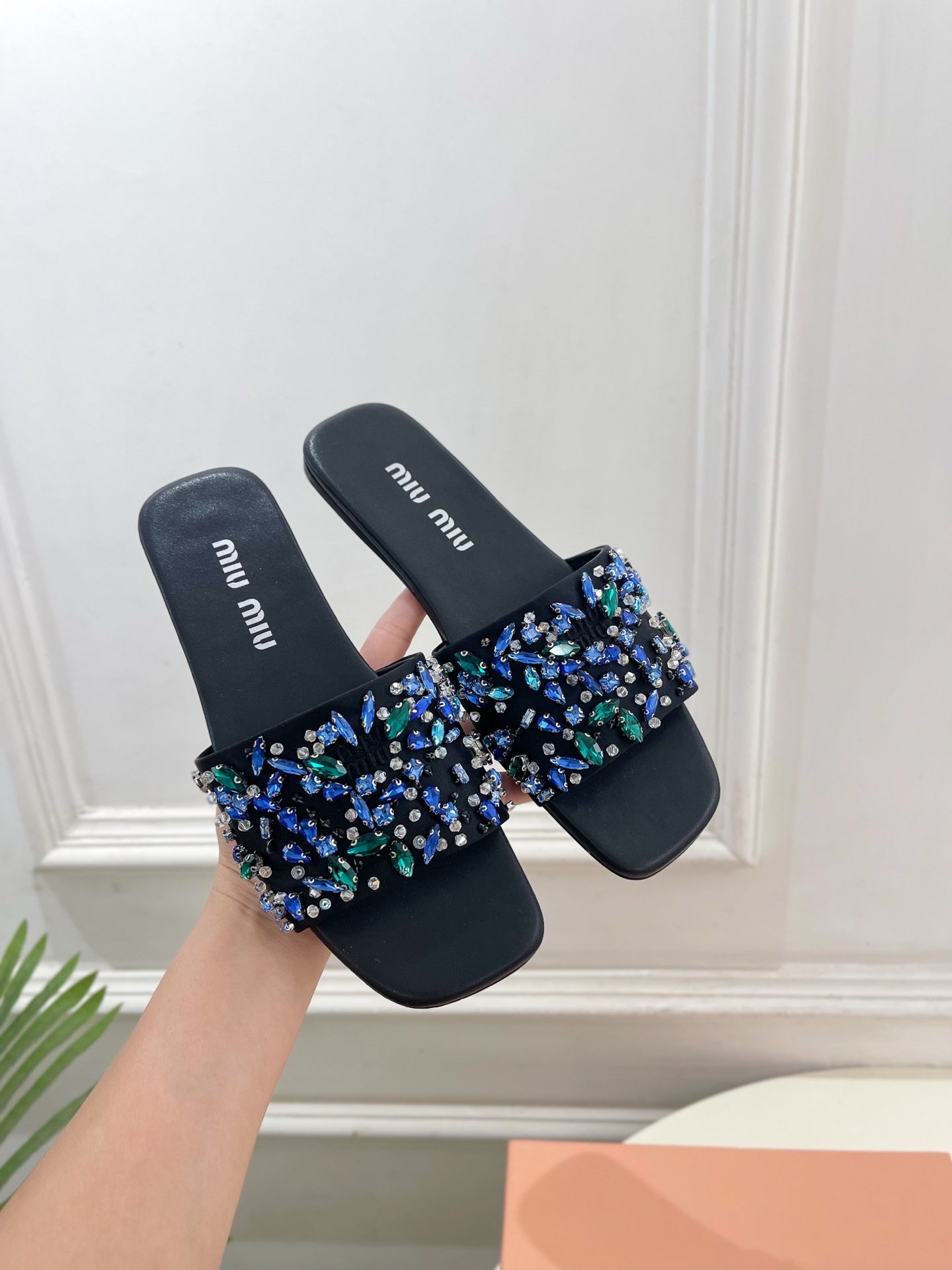 MIUMIU 26S SLIDES IN BLACK SATIN CRYSTAL EMBELLISHED