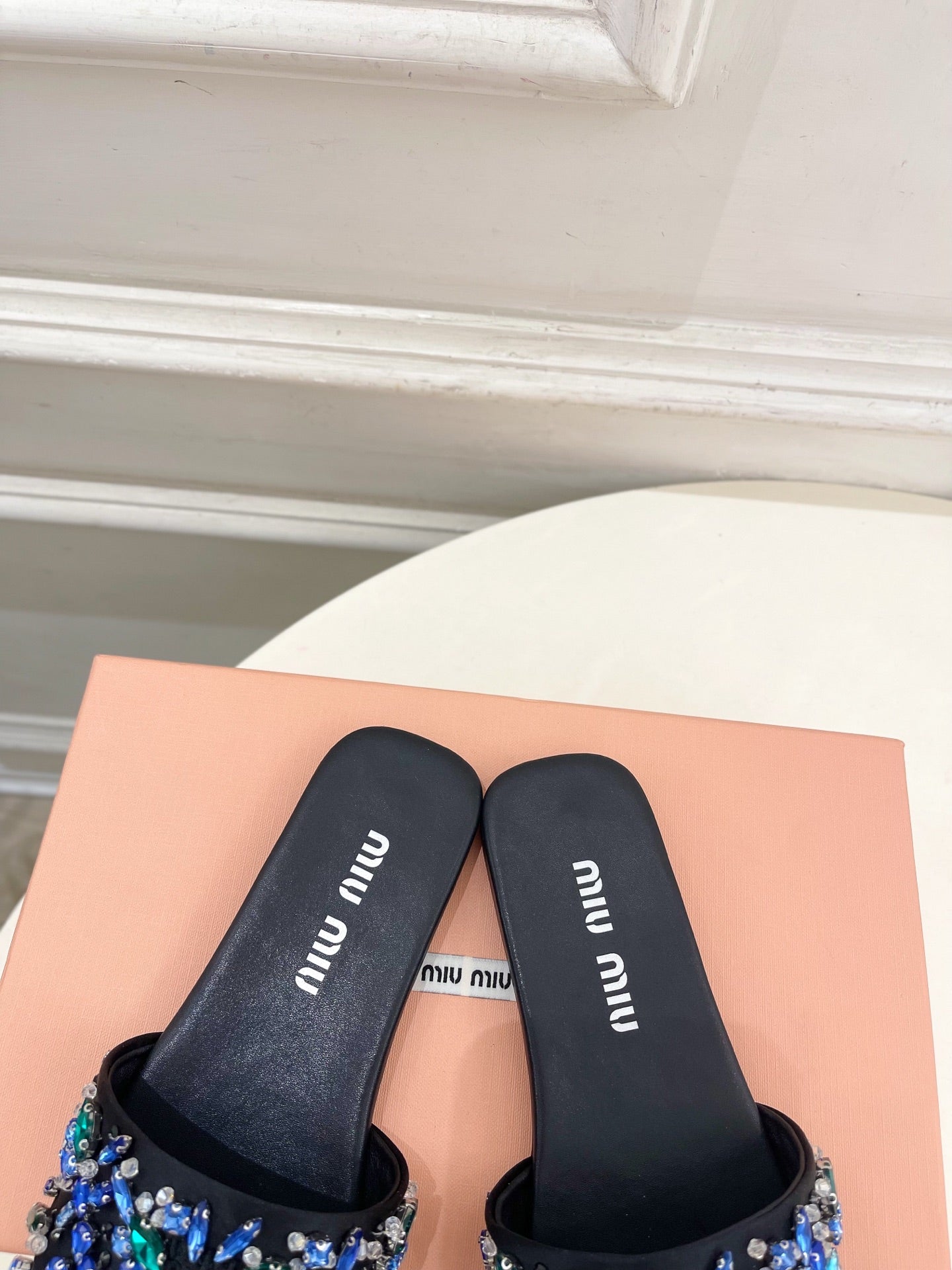 MIUMIU 26S SLIDES IN BLACK SATIN CRYSTAL EMBELLISHED