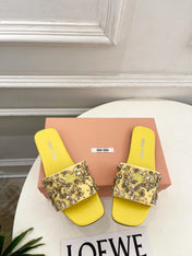 MIUMIU 26S SLIDES IN YELLOW SATIN CRYSTAL EMBELLISHED
