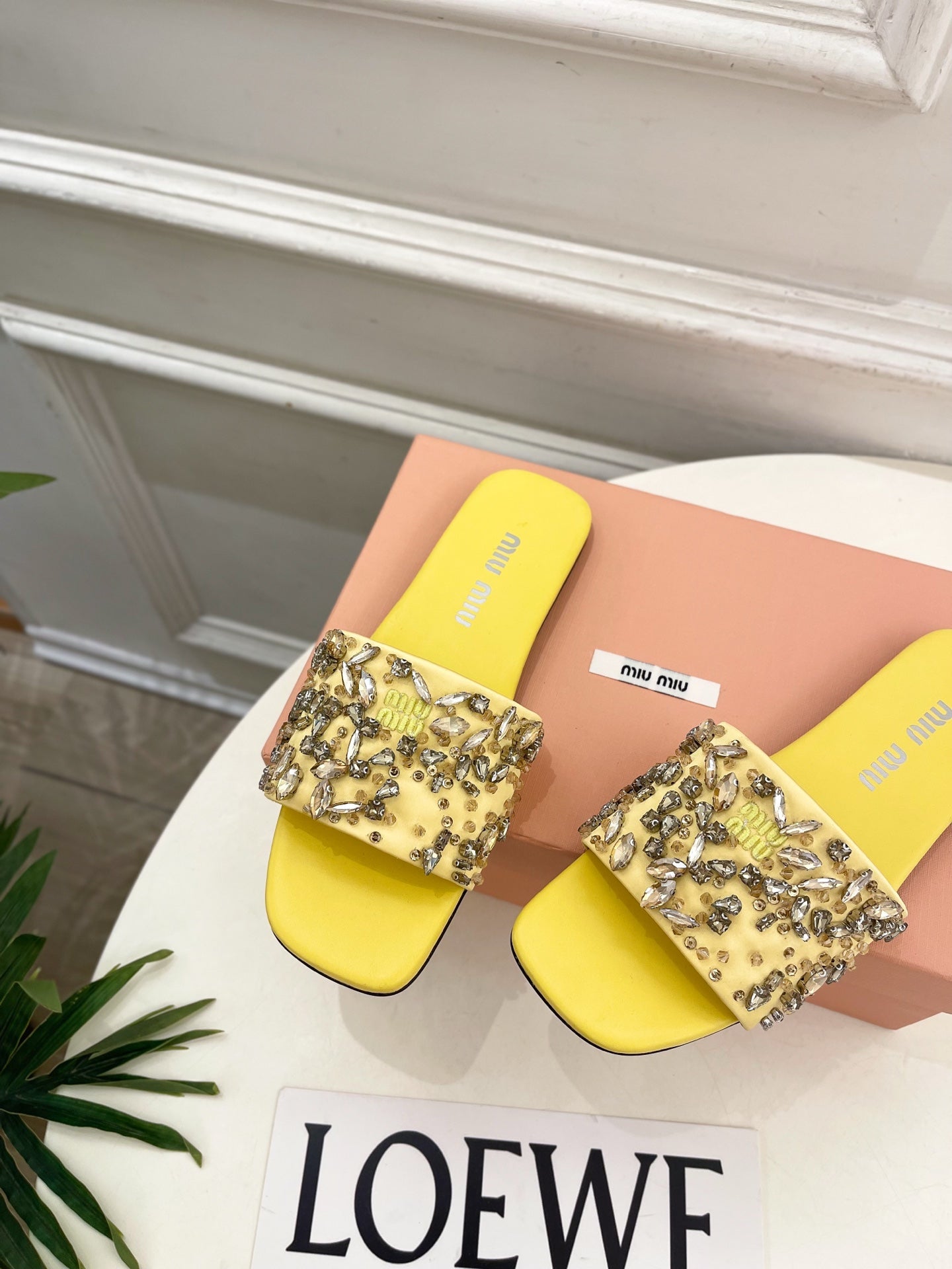 MIUMIU 26S SLIDES IN YELLOW SATIN CRYSTAL EMBELLISHED