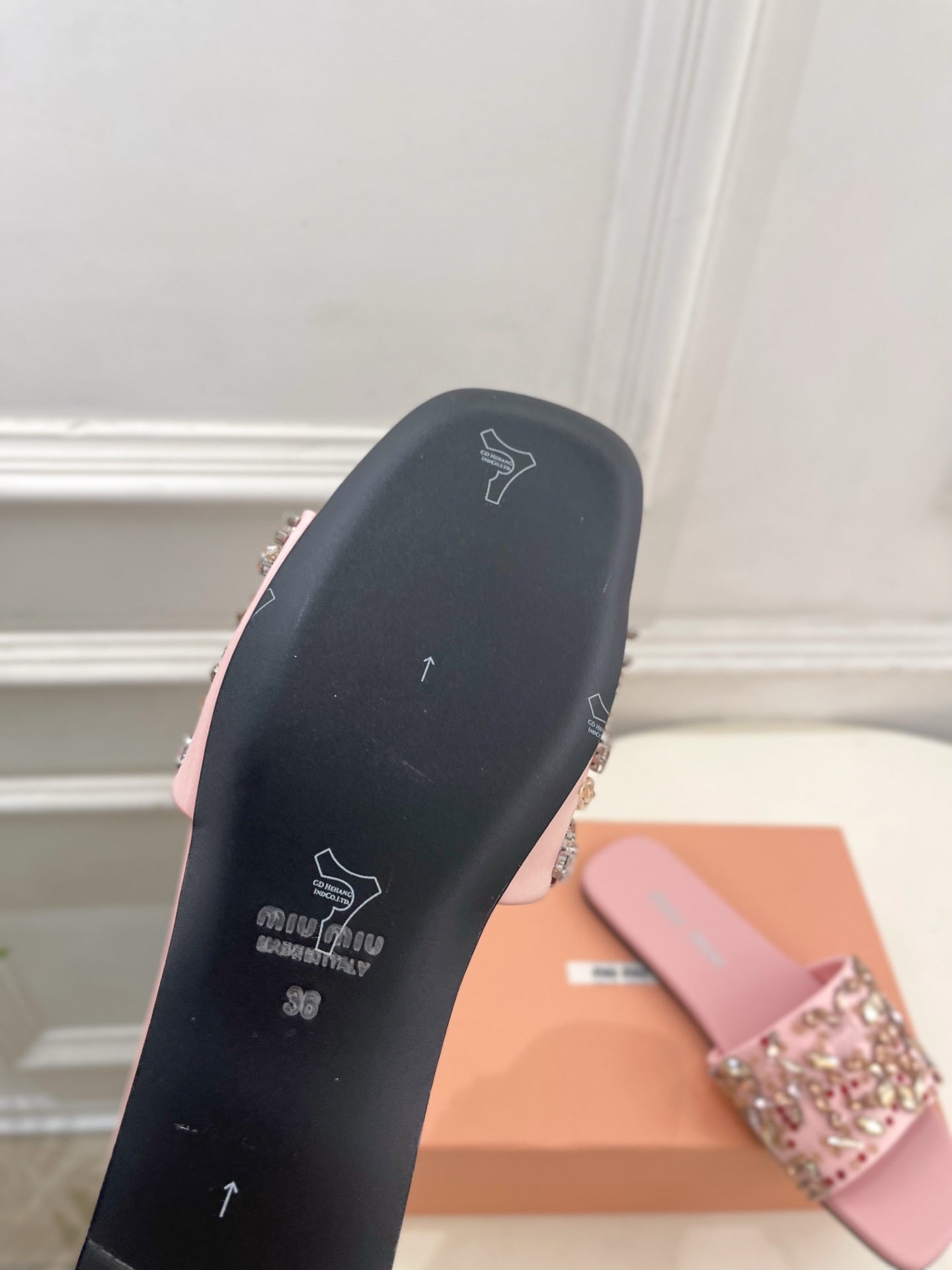 MIUMIU 26S SLIDES IN LIGHT PINK SATIN CRYSTAL EMBELLISHED