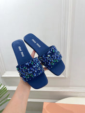 MIUMIU 26S SLIDES IN ROYAL BLUE SATIN CRYSTAL EMBELLISHED