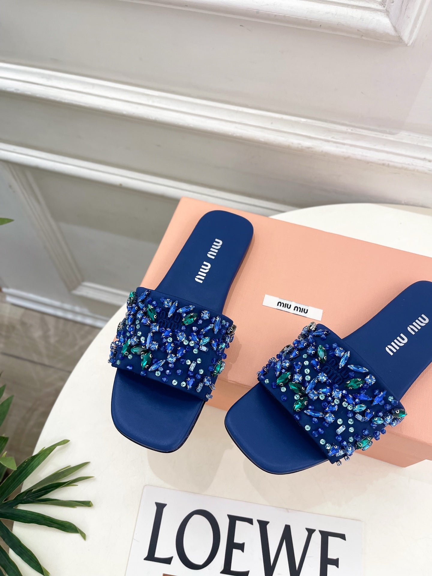 MIUMIU 26S SLIDES IN ROYAL BLUE SATIN CRYSTAL EMBELLISHED