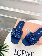 MIUMIU 26S SLIDES IN ROYAL BLUE SATIN CRYSTAL EMBELLISHED
