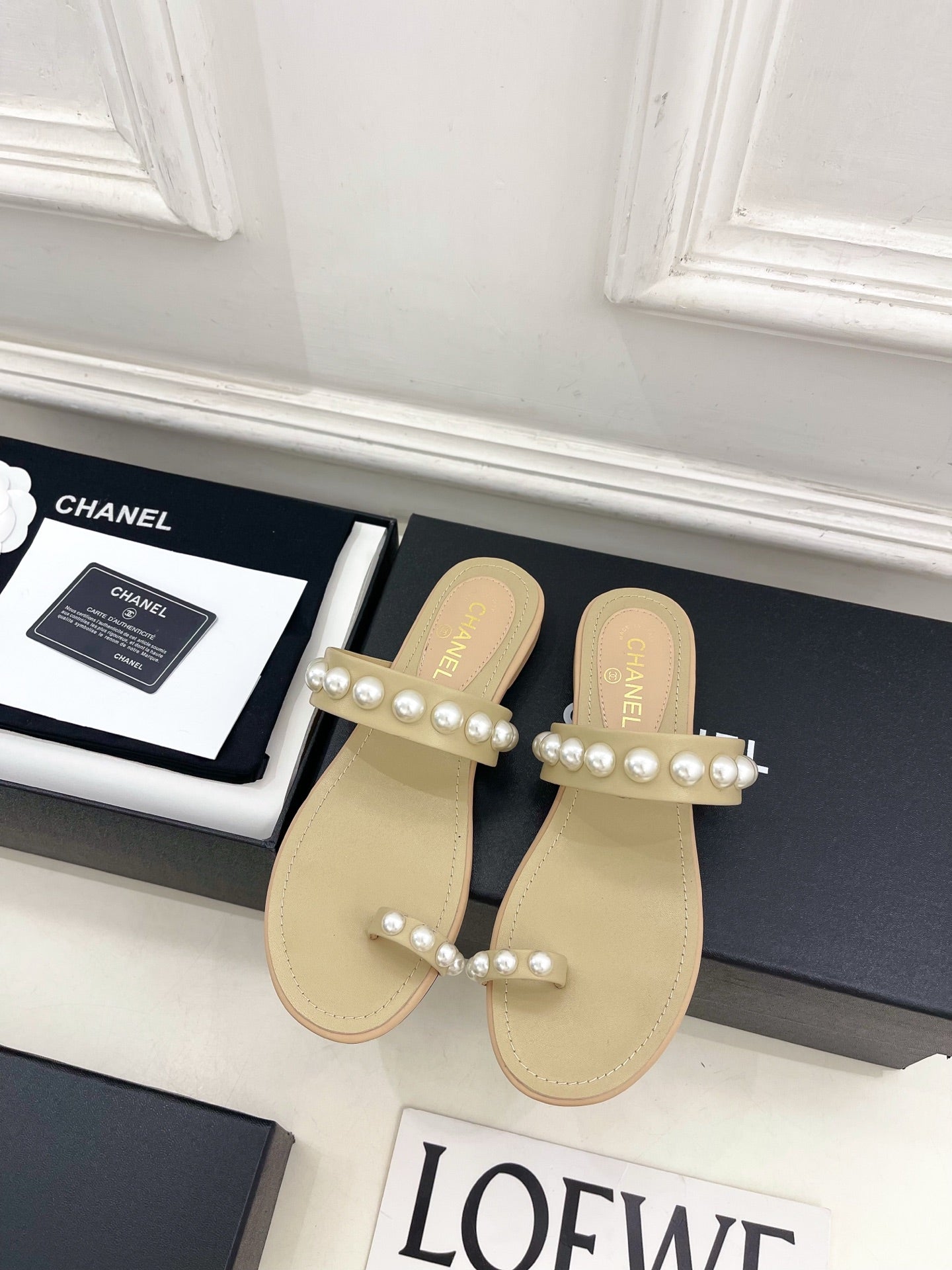 CHANEL 26S THONG SANDALS IN BEIGE LAMBSKIN WITH PEARL EMBELLISHMENTS