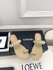 CHANEL 26S THONG SANDALS IN BEIGE LAMBSKIN WITH PEARL EMBELLISHMENTS