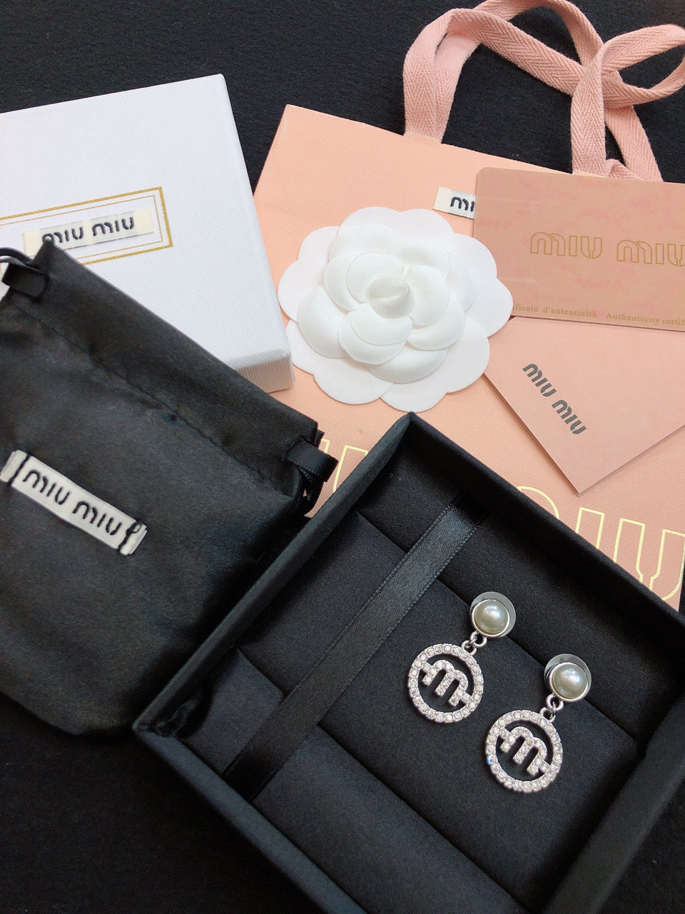 MIUMIU 26S PEARL DROP CRYSTAL LOGO CIRCLE EARRINGS IN SILVER TONE METAL 615772