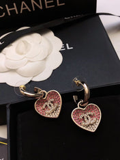 CHANEL 26S DOUBLE C LOGO TWO-TONE PAVE CRYSTAL HEART DROP HOOP EARRINGS IN GOLD METAL 631080