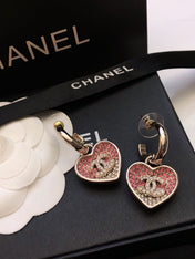 CHANEL 26S DOUBLE C LOGO TWO-TONE PAVE CRYSTAL HEART DROP HOOP EARRINGS IN GOLD METAL 631080
