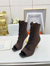 BALMAIN 26S LACE UP OPEN TOE BOOTS 95 MM IN DARK BROWN FLYKNIT
