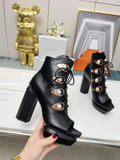 BALMAIN 26S OPEN-TOE BOOTS 115 MM IN BLACK CALFSKIN PEARL-EMBELLISHED