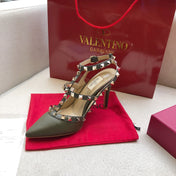 ROCKSTUD MOSS GREEN METALLIC CALFSKIN ANKLE STRAP HIGH SANDAL