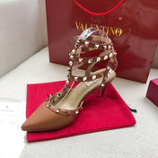ROCKSTUD BRONZE BROWN METALLIC CALFSKIN ANKLE STRAP HIGH SANDAL