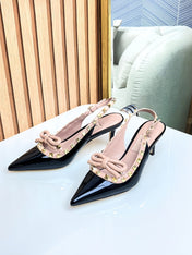 Rockstud Bow Slingback Black and Rose Cannelle Calfskin With Matching Studs