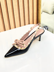 Rockstud Bow Slingback Black and Rose Cannelle Calfskin With Matching Studs